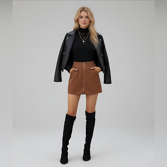 Zipper Brown Corduroy Front Zipper Mini Skirt - Picture 4 of 5